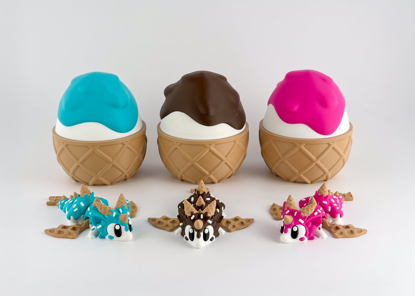 Sugar Rush / Ice Cream Dragon. Chocolate, Strawberry and Blueberry – 3D Printed Articulated Dessert Dragon Collectible