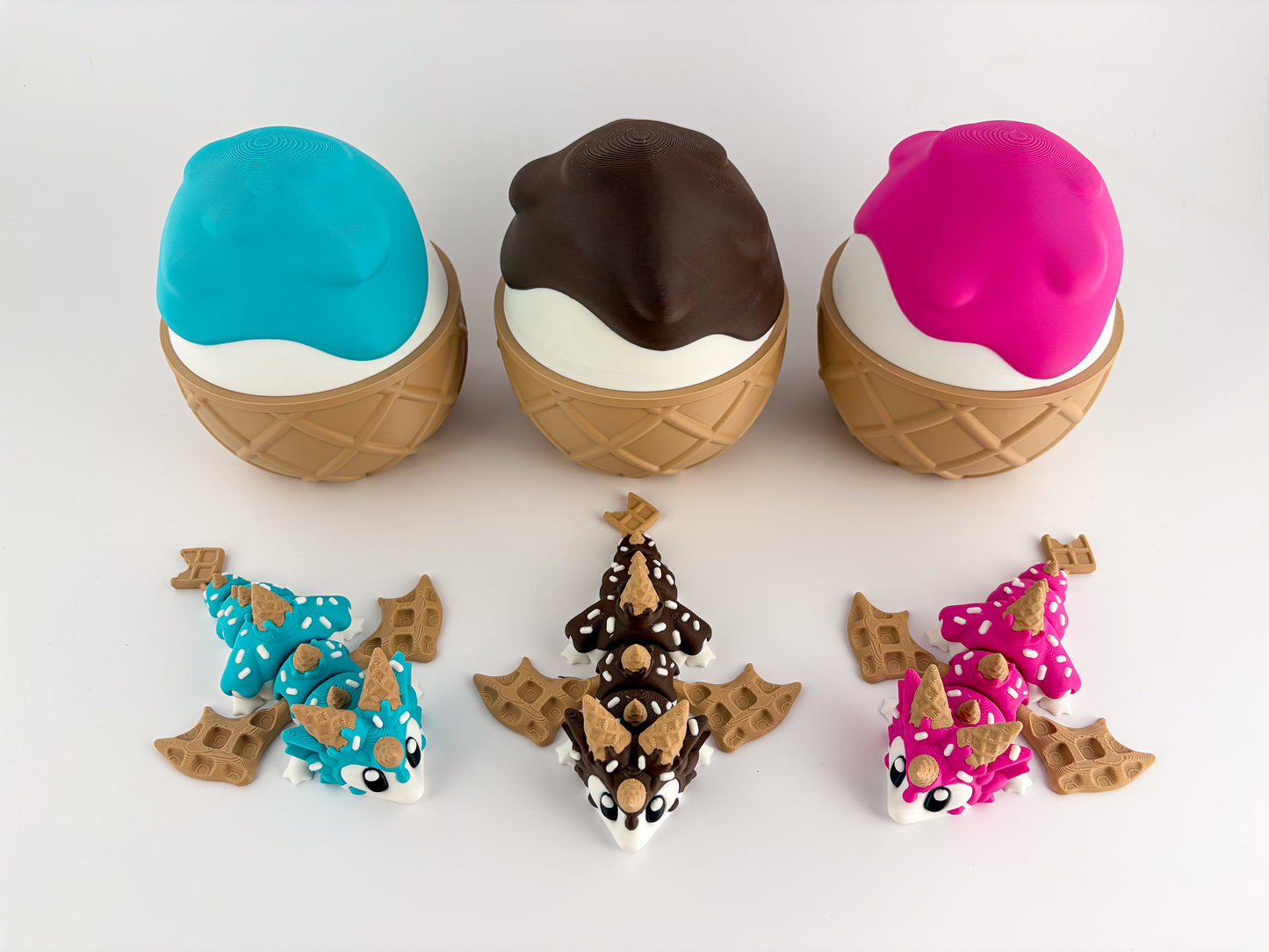 Sugar Rush / Ice Cream Dragon. Chocolate, Strawberry and Blueberry – 3D Printed Articulated Dessert Dragon Collectible