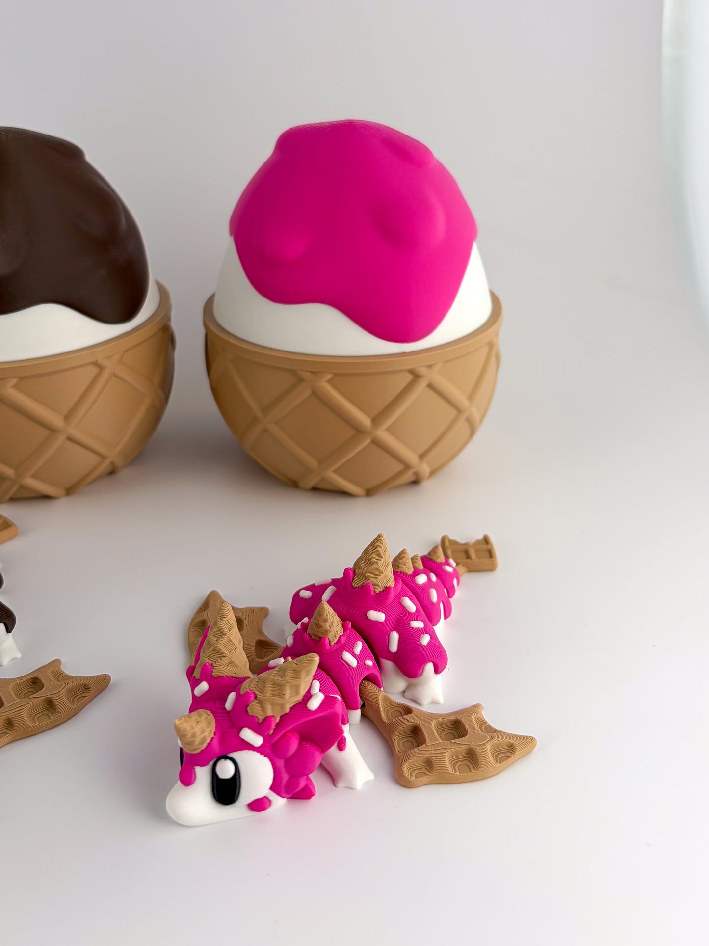 Sugar Rush / Ice Cream Dragon. Chocolate, Strawberry and Blueberry – 3D Printed Articulated Dessert Dragon Collectible