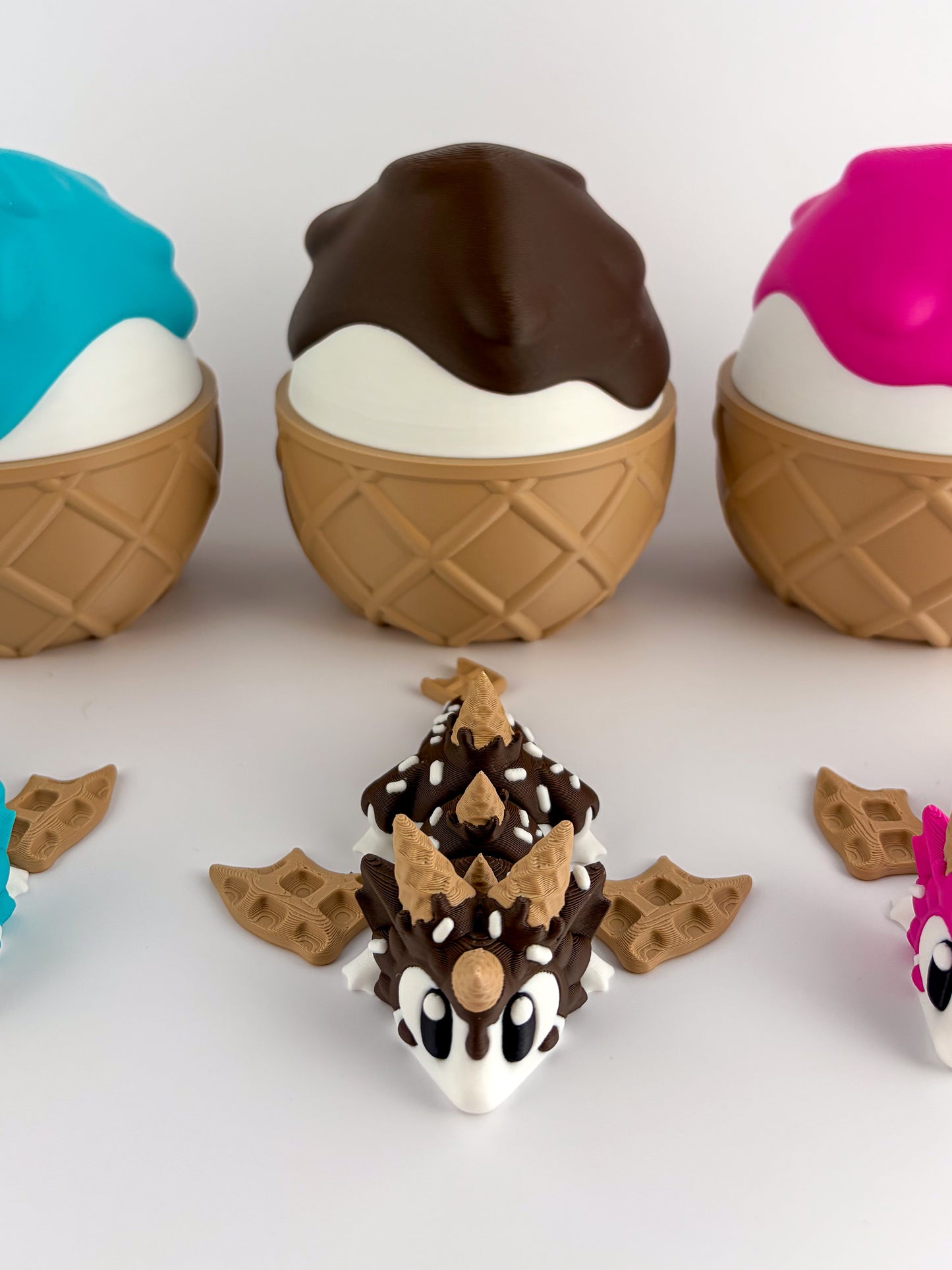 Sugar Rush / Ice Cream Dragon. Chocolate, Strawberry and Blueberry – 3D Printed Articulated Dessert Dragon Collectible