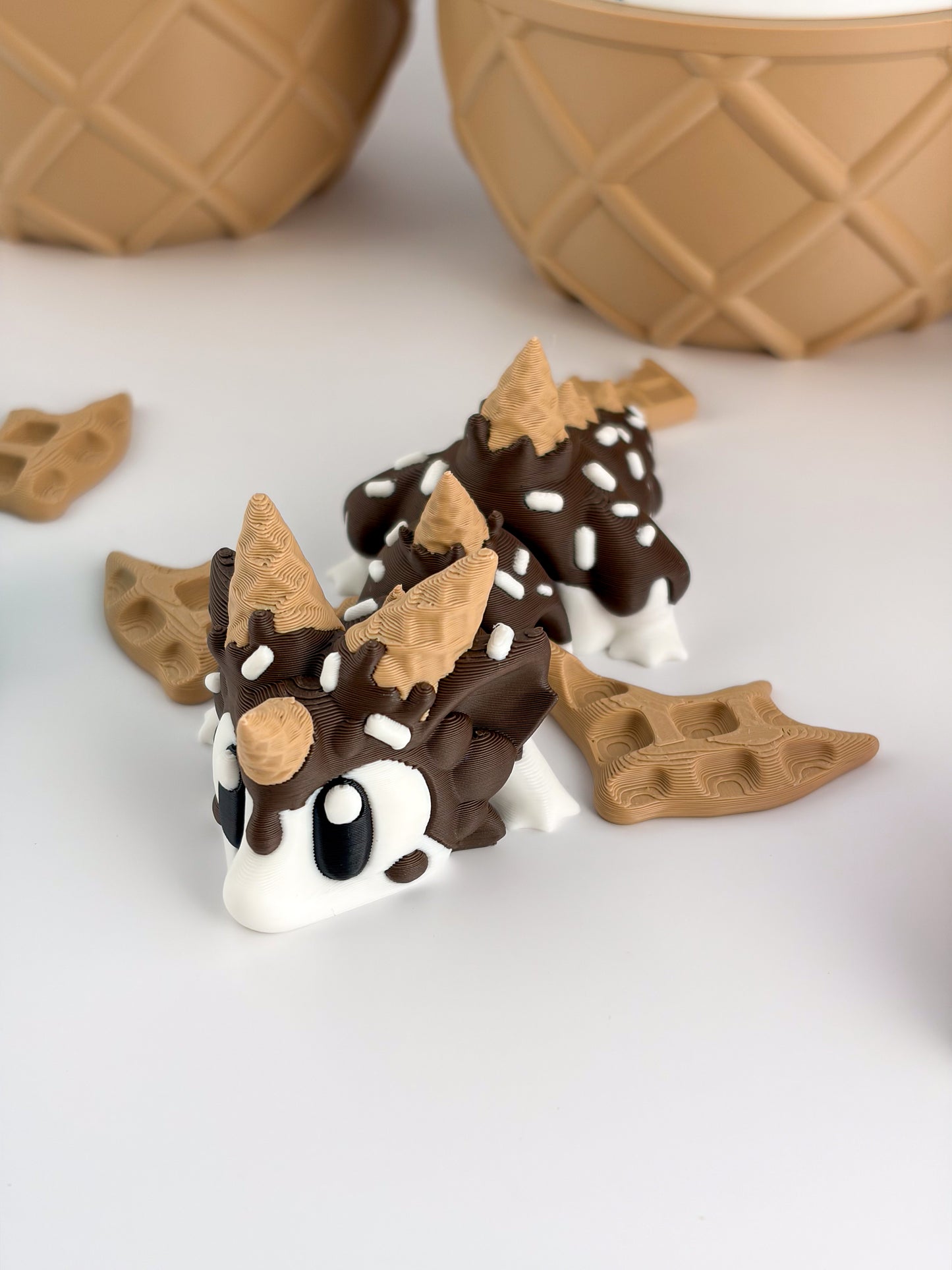 Sugar Rush / Ice Cream Dragon. Chocolate, Strawberry and Blueberry – 3D Printed Articulated Dessert Dragon Collectible